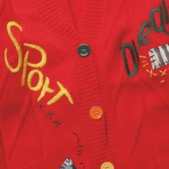 Red Graphic Cardigan Women Oversized Button Up Knit Sweater NEW Patchwork M - Picture 3 of 5